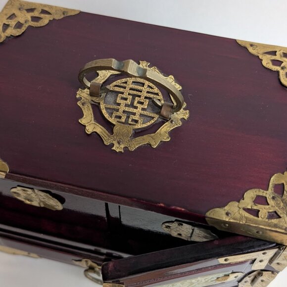 Vtg Asian Chinese Hand Carved Jade Stone Brass Wood Jewelry Trinket Box W/ Lock - Picture 8 of 13